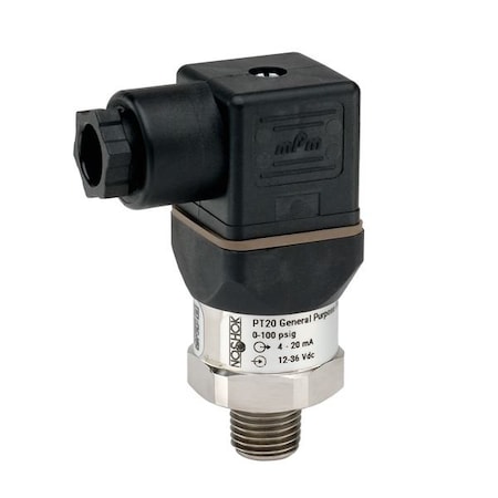 Noshok Pressure Transmitter, 0-200 psi gauge, 4 mA to 20 mA, 2-wire, 1/4 NPT male, DIN form A PT20-200psig-1-1-2-8